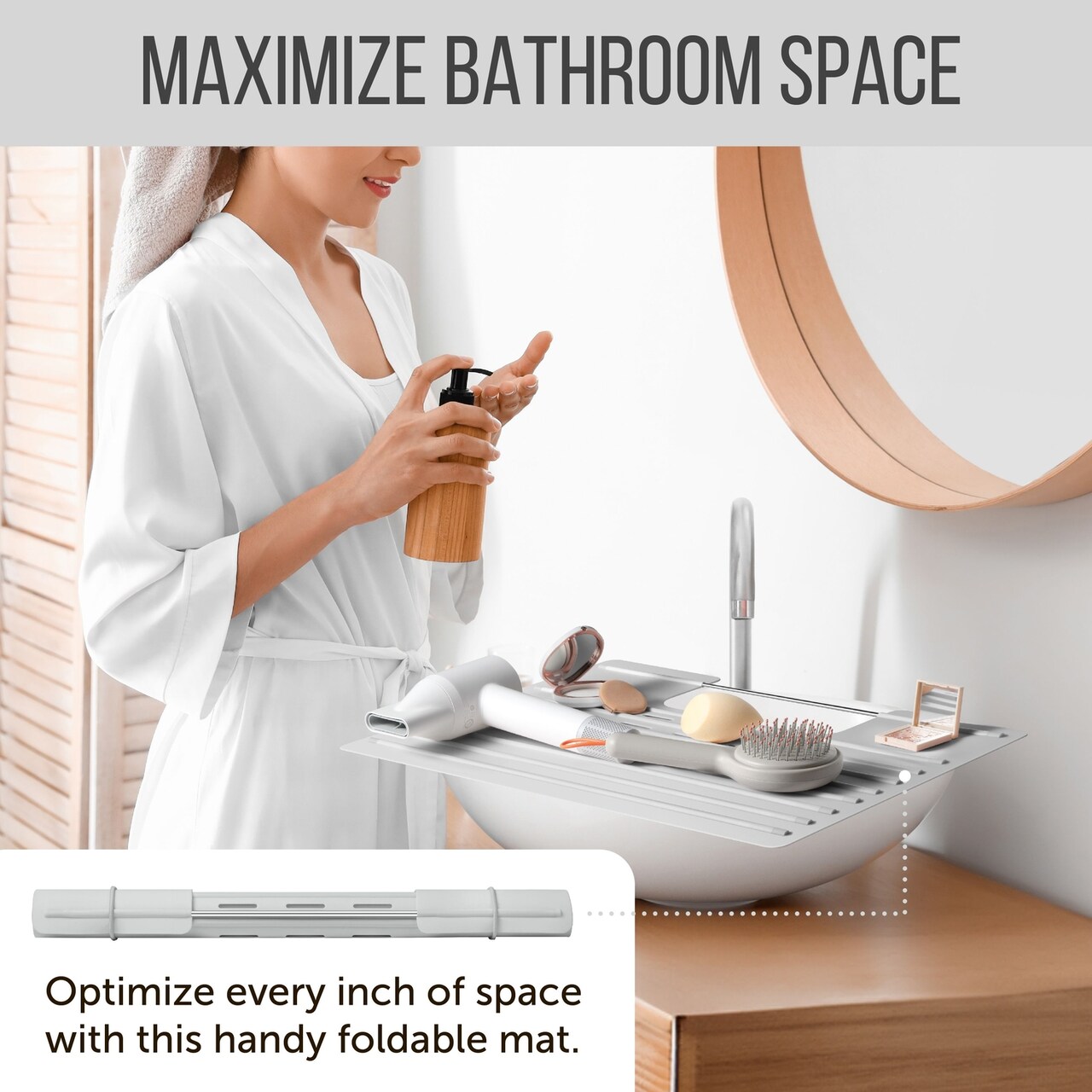 Maplefield Bathroom Sink Cover for Counter Space, Heat Resistant Silicone Sink Mat for Your Beauty Routine, Small Bathroom Space Saver Sink Cover for Makeup (Gray Large, 22 x 2 x 2 Inches)